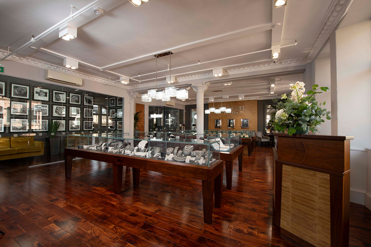 Inside Tom Coll Jewellery showroom in Glasgow city centre at Argyll Arcade Chambers