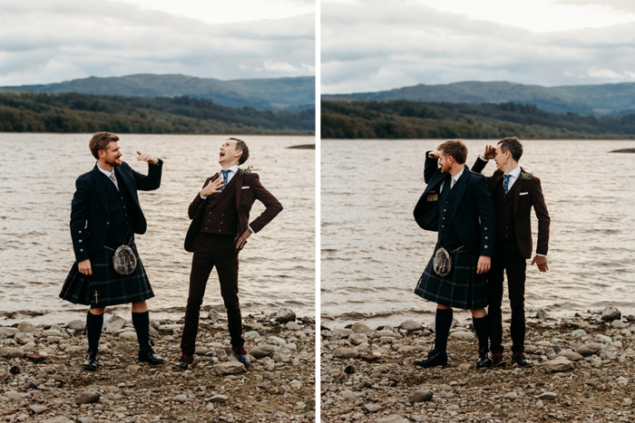 Grooms take joking couple portraits photos at the side of the loch
