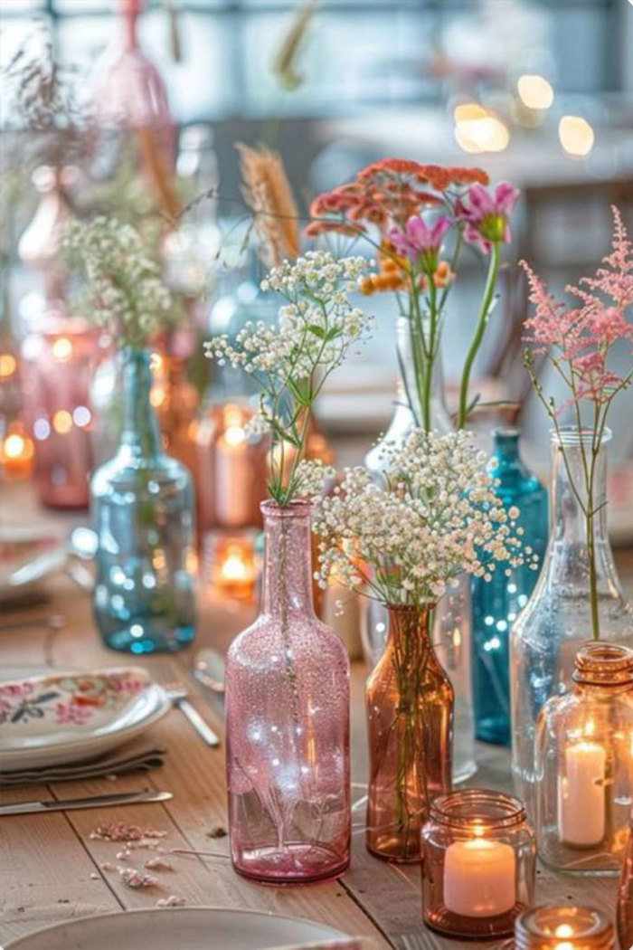 an assortment of colourful vases in different shapes and sizes with candles inside them on a wooden table