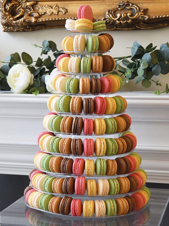 a tower of differently coloured french macarons 