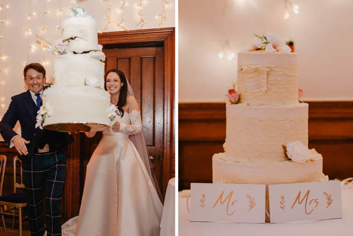 Two People Wearing Hitting A Wedding Cake Pinata On Left And Ivory Ruffled Pinata Wedding Cake On Right