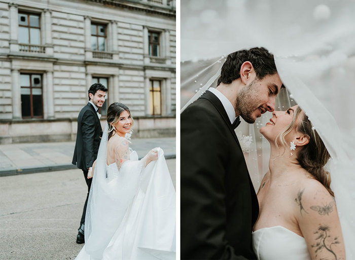 on the left; a bride with a long white dress and veil and a groom in a black suit stand together smiling and looking at the camera, on the right the couple are both under the veil looking at each other