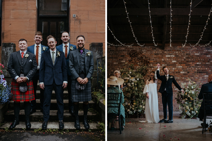 Groom stands with friends in one photo and other shows couple with hands raised after ceremony