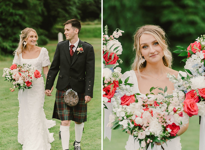 On the left a bride and groom holding hands on a grass lawn, on the right the bride faces the camera with bouquets of white and red flowers around her face