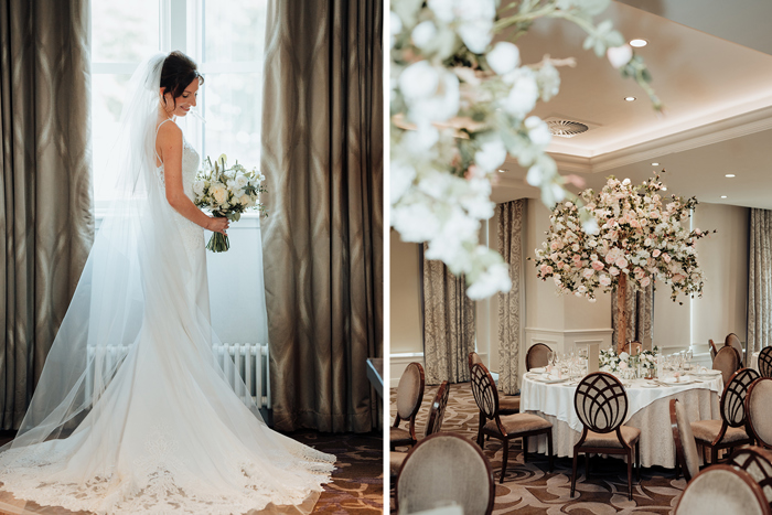 left image shows a bride standing by a window with curtains half closed, while looking down towards a bouquet and smiling. Right image shows circular tables at Seamill Hydro set for a wedding with pink and white rose tree-style table centrepieces  