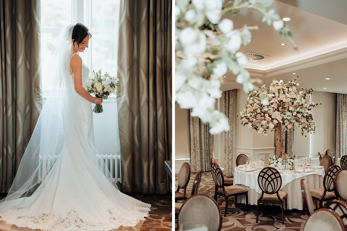 left image shows a bride standing by a window with curtains half closed, while looking down towards a bouquet and smiling. Right image shows circular tables at Seamill Hydro set for a wedding with pink and white rose tree-style table centrepieces