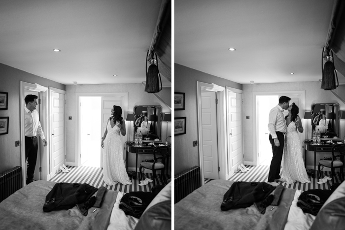 Black and white image of the couple's first look