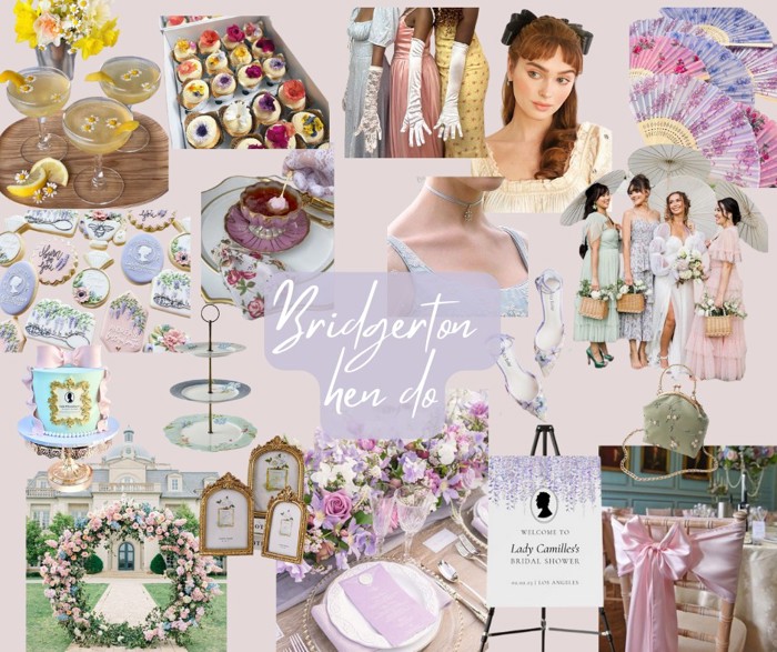 A moodboard of items inspired by Bridgerton on a lilac background