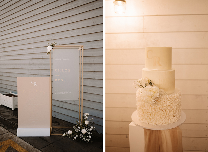 peach and grey wedding signs with pale wooden frames against a grey slatted background on left. A three tier wedding cake with ruffled bottom tier and monogrammed top tier against a cream slatted background on right