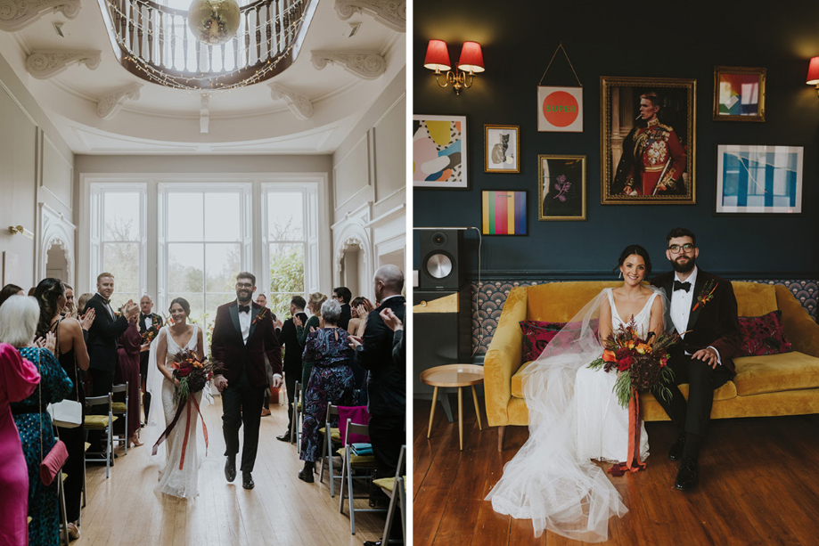 Bride And Groom Walking Back Up Aisle At Netherbyres House And Posing On Mustard Velvet Sofa