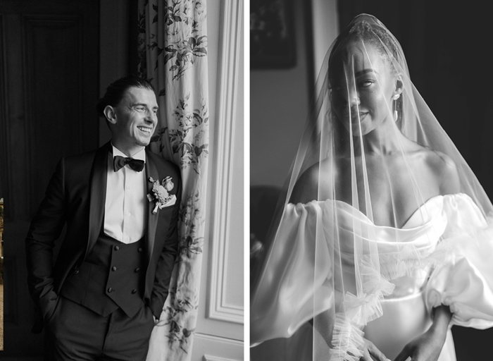Black and white portraits of groom smiling and bride underneath veil