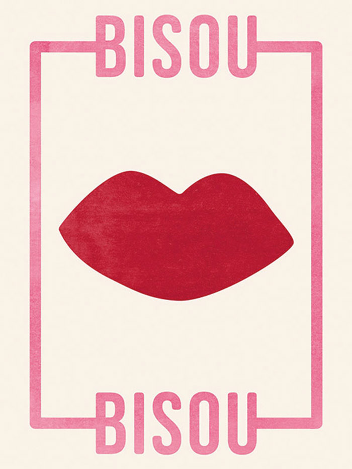 poster of a pair of red lips with the word 'Bisou' written both above and below it