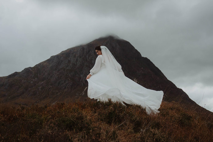 a bride and a misty mountain in Glencoe