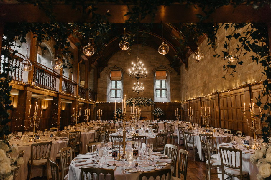 Achnagairn Castle Ballroom Tables with tall candle centrepieces set up for wedding dinner