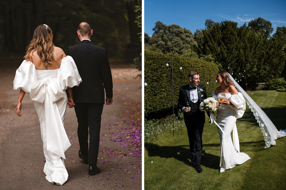 On left is bride and groom walking away holding hands and on right is groom holding a drink, walking and talking with bride holding bouquet and a drink