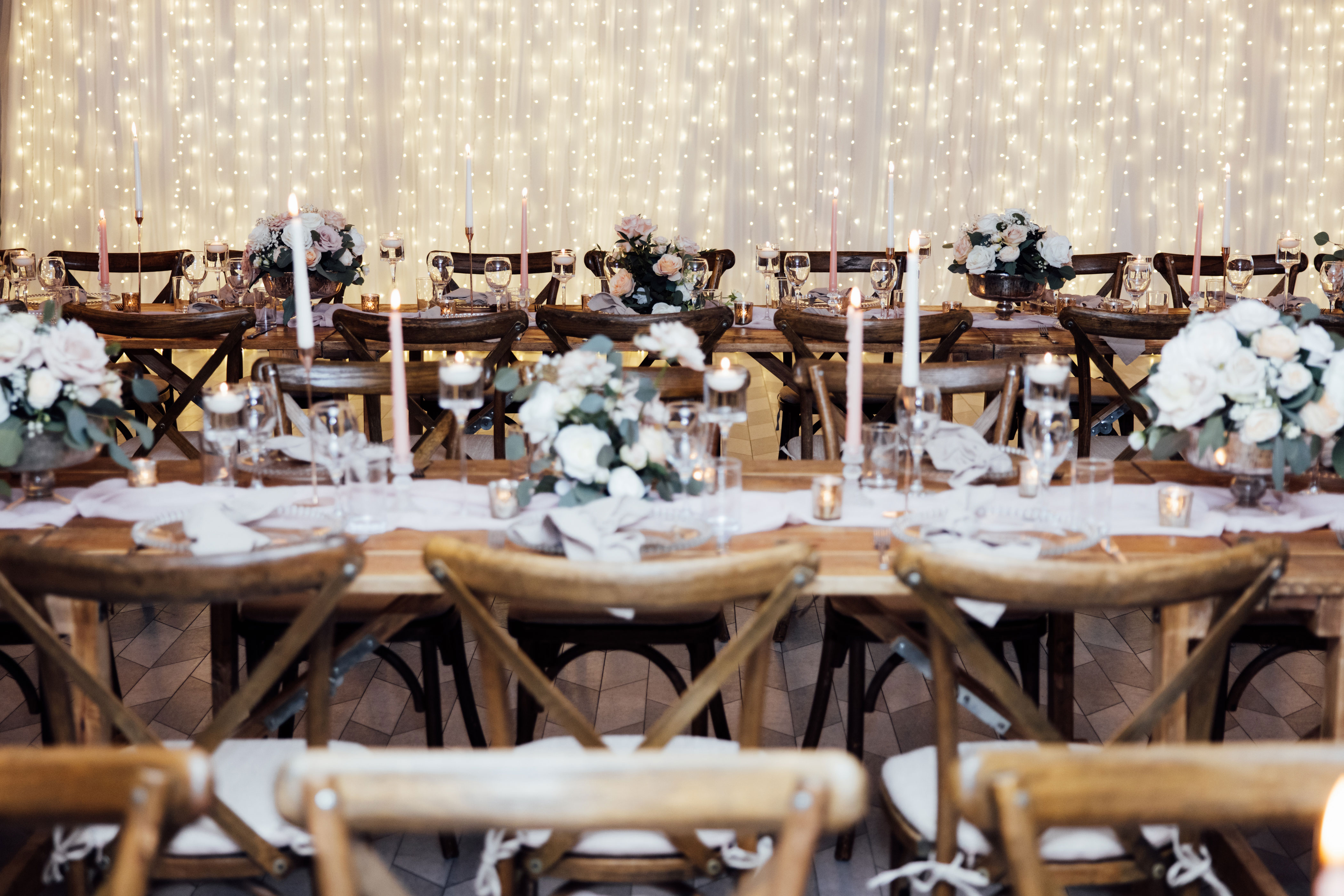 long table set up with pastel decorations for wedding at Doubletree By Hilton Edinburgh