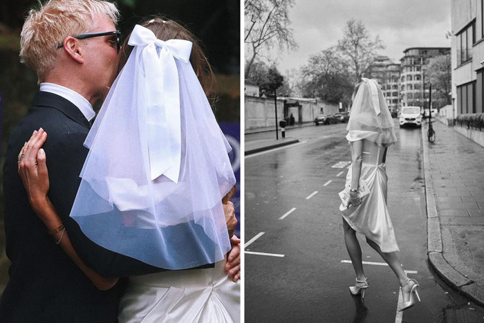 Left image shows the back of a bride with her veil and groom hugging and right image shows bride running across the road with a short wedding dress on