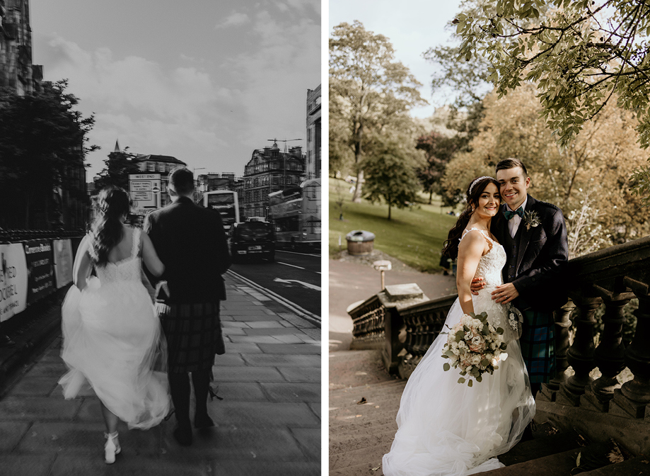 Bride and groom photographed in an Edinburgh park and as they walk through the streets