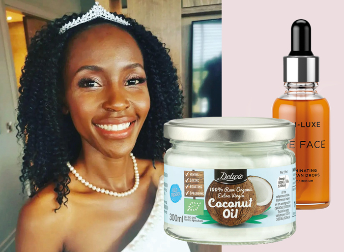 a glowing smiling bride with a pearl necklace and tiara to the left of cut outs of a tub of coconut oil and facial tanning drops