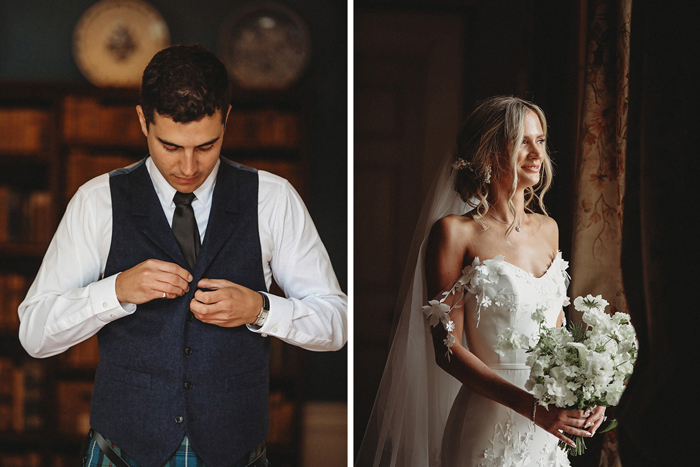 A Person Fastening Buttons On A Waistcoat And A Bride Holding A Bouquet Looking Out A Window