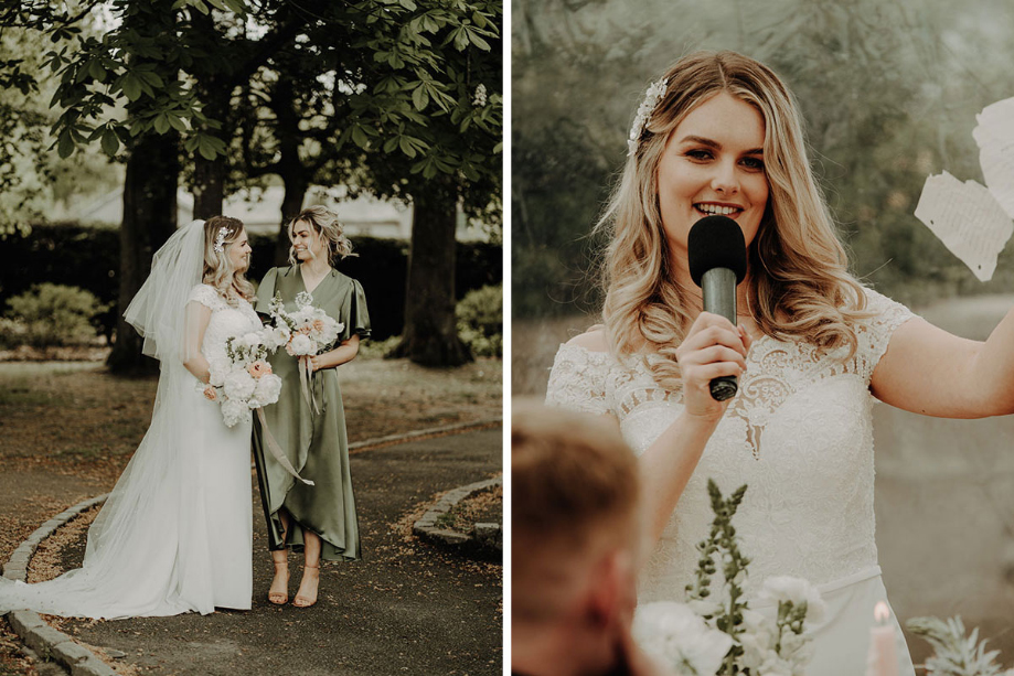 Bride and bridesmaid and bride making a wedding speech