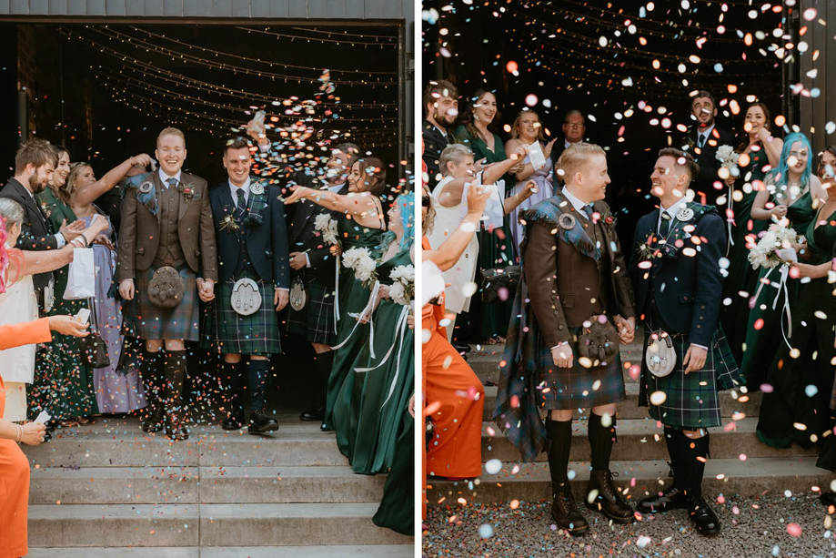 Two Men In Kilts Holding Hands Walking Down Steps Through Confetti