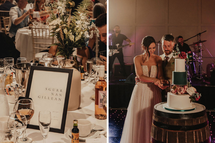 Image on left shows table setting with table names and image on right shows couple cutting cake
