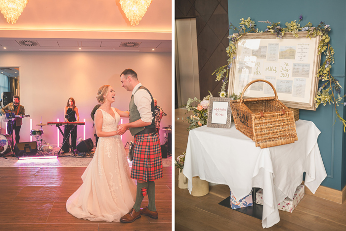 On the left a bride and groom dance together on a dancefloor with a band in the background, on the right a seating chart in a frame sits behind a hamper on a table with a white table cloth