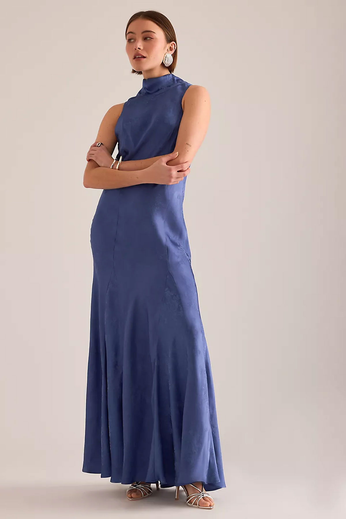 blue jacquard high neck maxi dress
