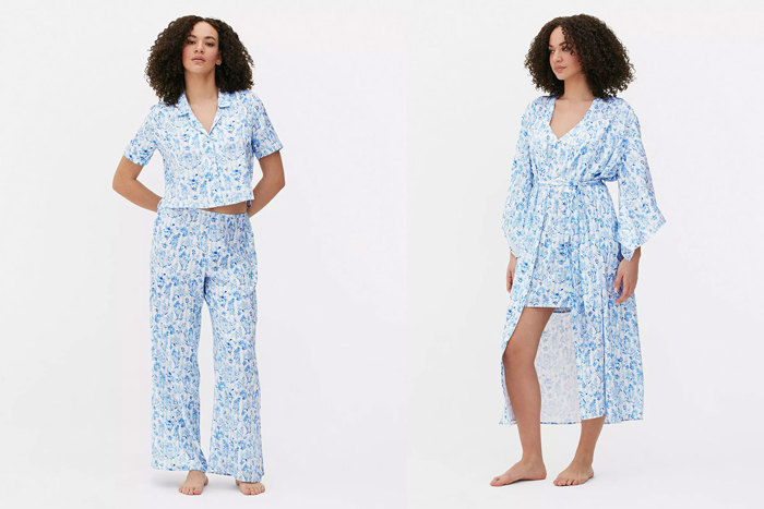 A woman wearing white pajamas with a blue floral print on the left, and the same woman wearing a dressing gown in the same print on the right