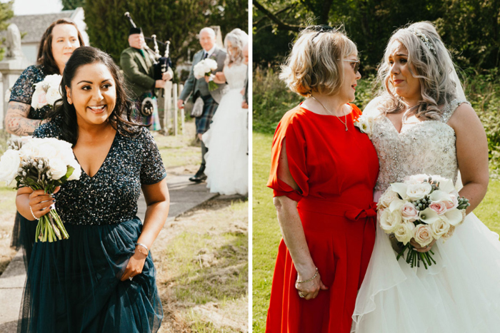 A Smiling Bridesmaid And A Bride With A Lady In A Red Dress