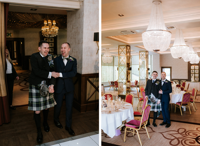 two laughing grooms entering a room on left. Two grooms posing under large crystal chandeliers in a room set for a wedding dinner on right