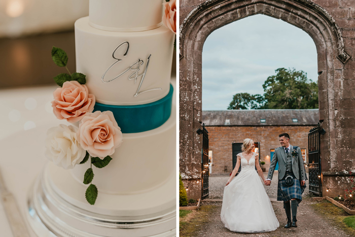 On the left a close up of a wedding cake with pink roses and a blue ribbon, on the left a bride and groom walk hand in hand
