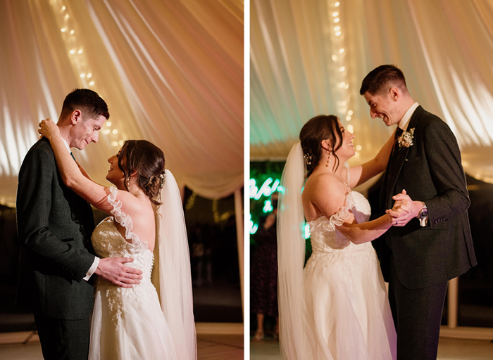 A bride and groom dancing together under fairylights in a marquee