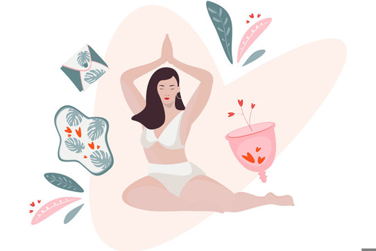 a colourful graphic of a woman in white bra and underwear, hands over her head and menstrual products to either sides of her