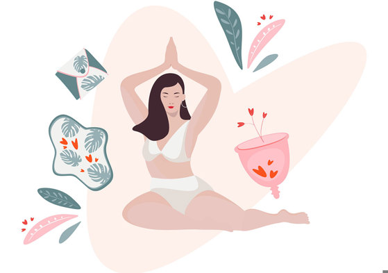 a colourful graphic of a woman in white bra and underwear, hands over her head and menstrual products to either sides of her