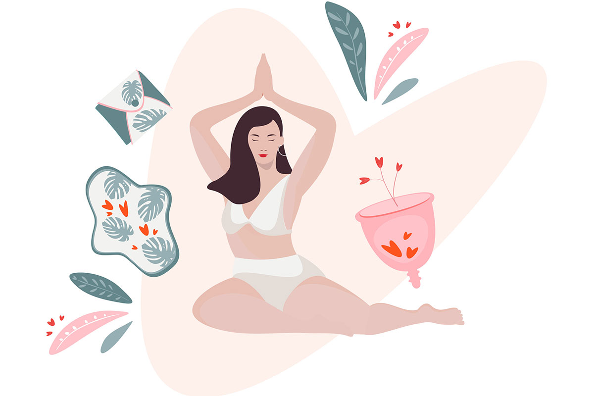 a colourful graphic of a woman in white bra and underwear, hands over her head and menstrual products to either sides of her
