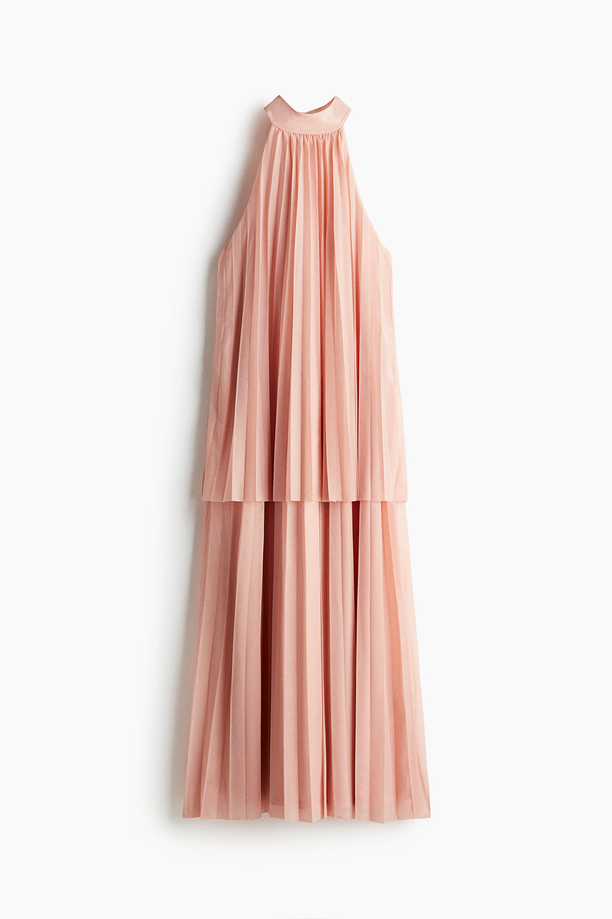 Peach pleated halterneck midi dress with soft draping and flowing skirt