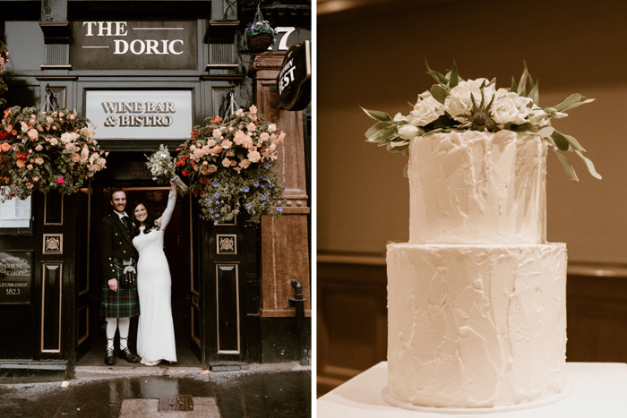 The happy couple pose in front of The Doric in one picture, their minimalistic white cake is in the other