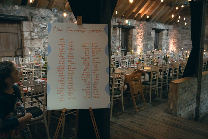 A wedding table plan on a wooden stand and table set with flowers and wine glasses.