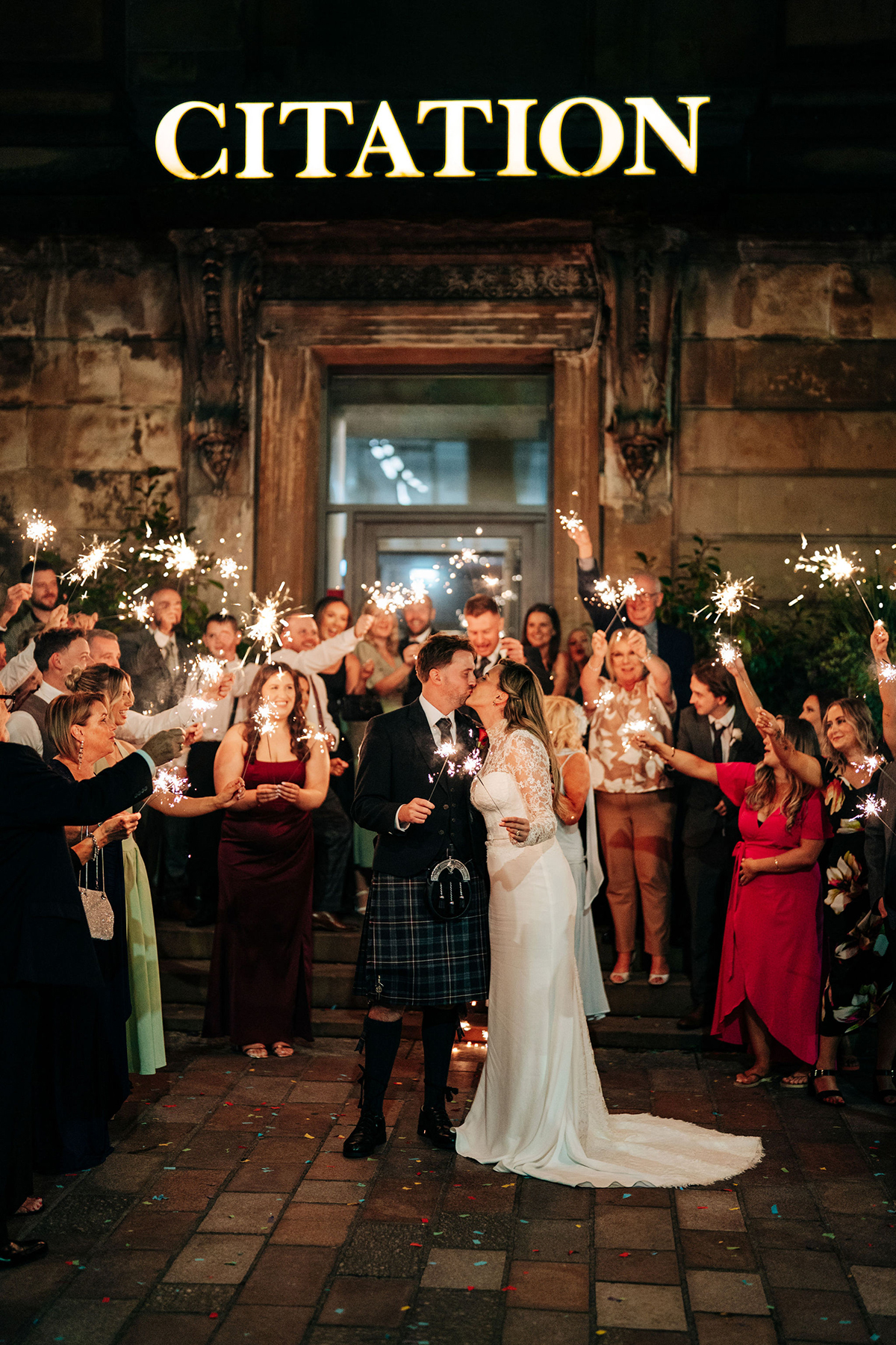 Sparkler exit outside Citation wedding venue in Glasgow city centre
