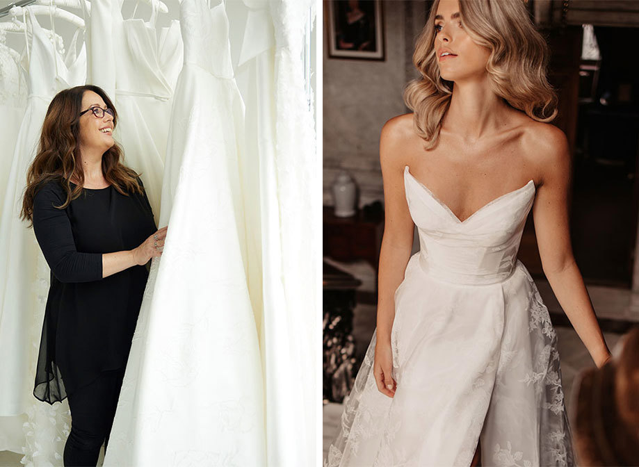 A person standing looking at wedding dresses on left. A model wearing a wedding dress in a dark room on right