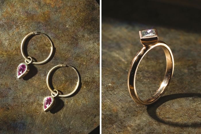 Earrings with pink stone and ring from Byers & Co
