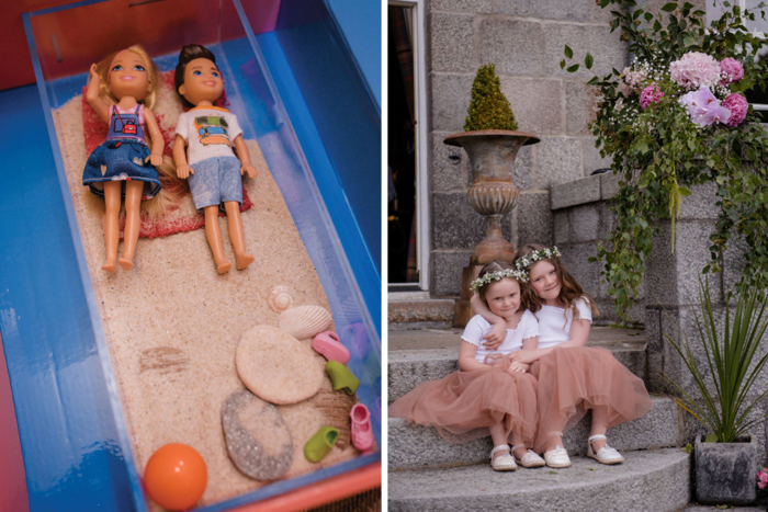 Two Barbie Dolls In A Box Of Sand And Two Flower Girls Hugging And Sitting On Steps At Raemoir House