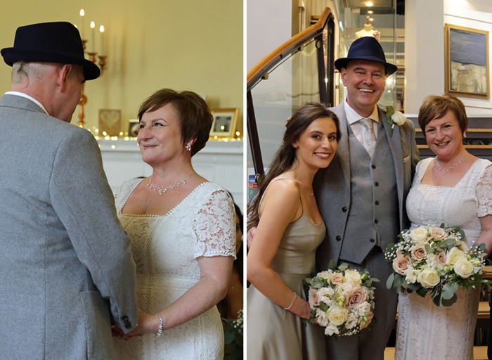 On the left a bride lovingly looks into the groom's eyes as they hold hands, on the right the same bride and groom stand facing the camera with a bridesmaid in a silver dress