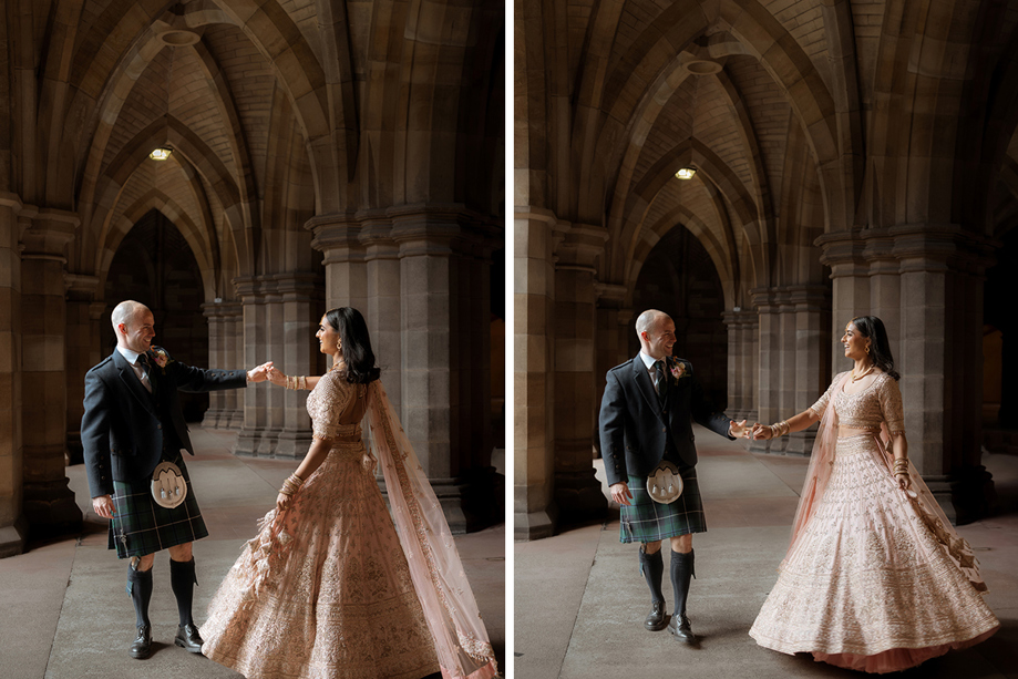 A Pink Lehenga And Groom Wearing A Kilt Dancing In The Cloisters At Glasgow University
