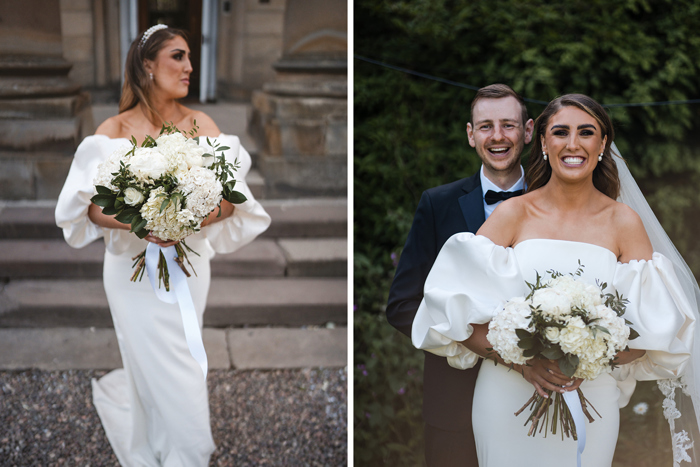 On left is bride holding cream bouquet and on right is Bride in front of groom smiling with bouquet in hand