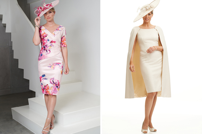 Model wears knee-length pink floral patterned dress and second image shows model wearing cream dress and matching coat