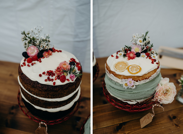 left image shows a dark sponge three-tier cake with white buttercream filling and pretty red flower and pomegranate decor on top of white icing. Right image shows a pale sponge cake wrapped with sage green frayed ribbon around the side. The top is decorated with white icing, lemon slices, colourful flowers and a scattering of pomegranate seeds