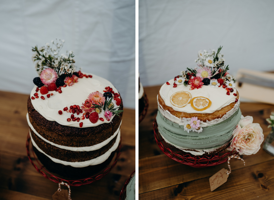 left image shows a dark sponge three-tier cake with white buttercream filling and pretty red flower and pomegranate decor on top of white icing. Right image shows a pale sponge cake wrapped with sage green frayed ribbon around the side. The top is decorated with white icing, lemon slices, colourful flowers and a scattering of pomegranate seeds